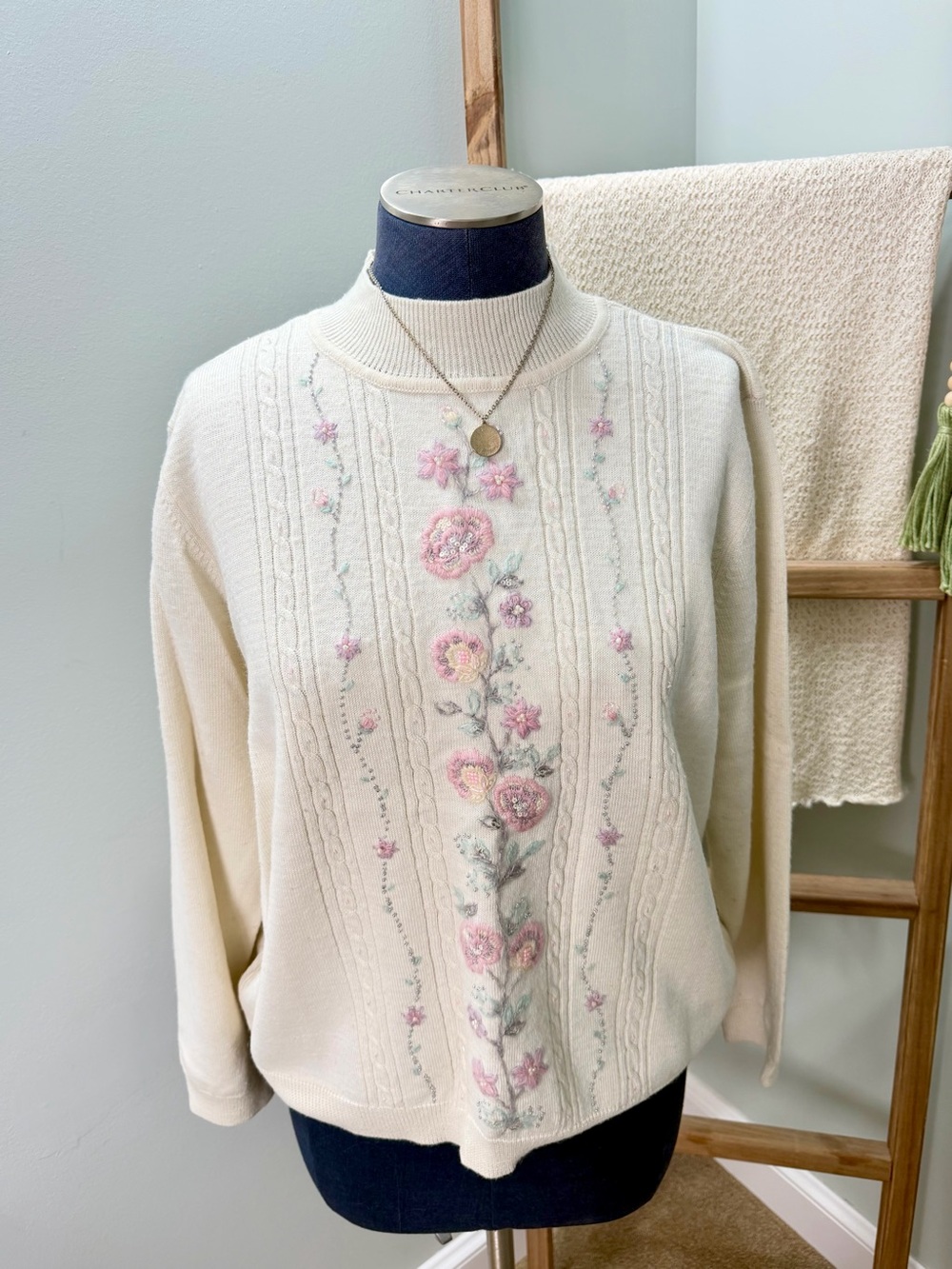 Vintage Alfred Dunner Cream Floral Vine Mock Neck Knit Sweater Size XL